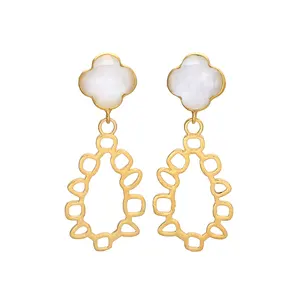 Gold Plated Milky White Quatrefoil and Geometric Dangle Earrings