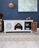 Console TV moderne en bois de manguier sculpté à la main pour salon et chambre (KHTV09WN)