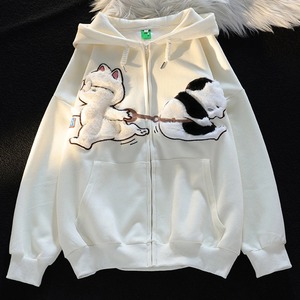 Korean New Design Embroidery Cartoon Knitted Coat Autumn Winter Cat Print Zip up Women Hoodies Streetwear Couples Clothes Top - Product Image 1