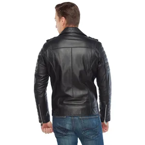 Chaqueta de cuero de motorista personalizable al por mayor de alta calidad para hombre, cuello levantado, cuero Real con material de tela de plumón para motocicletas - Product Image 3
