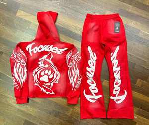 Ensembles de survêtements empilés avec logo à impression bouffante personnalisée ensembles de pantalons évasée deux pièces ensembles de pantalons à capuche survêtements pour hommes - Product Image 4