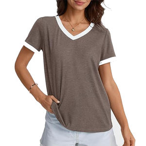 Women's Casual Summer Tunic Tops Short Sleeve Soft Canvas V-Neck T-<b>Shirts</b> Embroidery Pocket Print Design Coffee Color for - Product Image 5