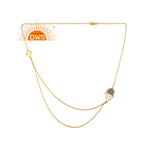 Aqua Chalcedony Gemstone Necklace Hamsa Hand Designer Gold Plated Silver Double Chain Necklace Jewelry Supplier - Product Image 4