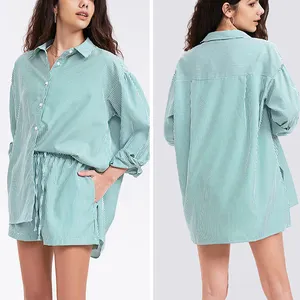 Women's 2 Piece Outfits Casual Long Sleeve Button Down Shirts Lounge Matching Short Sets Summer Trendy Sweatsuit