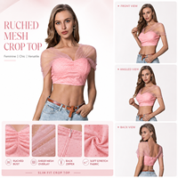Haut court en maille froncée pour femme, épaules dénudées, manches courtes, superposition transparente, coupe ajustée, style décontracté et tendance
