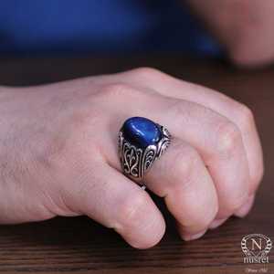 Bague pour homme en argent sterling 925 avec pierre saphir bleu marine, motif géométrique ovale à capuchon en or 14 carats, plaqué rhodium pour un usage quotidien - Product Image 5