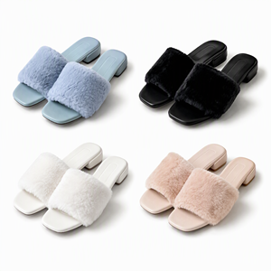 Sandales plates à bout ouvert en fausse fourrure pour femmes, antidérapantes, chaussures d'été à enfiler pour femmes - Product Image 1