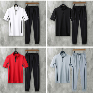 ชุดเสื้อผ้ากีฬาแขนสั้นสำหรับผู้ชาย, ชุดเสื้อผ้ากีฬาใหม่ระบายอากาศได้ดีเสื้อยืดแขนสั้นคอตั้งทรงหลวมกางเกงขายาวชุดลำลอง - Product Image 4
