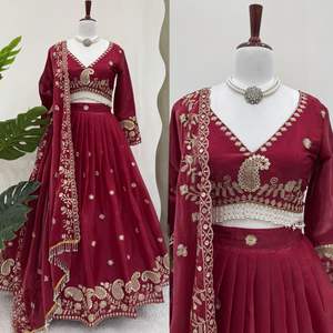 Micro Lehengha hasta tamaño 44 Foux Gorgette Hilo de trabajo con Secuencia de 9mm Choli interno incluido-Elegante tela Lehenga Choli - Product Image 1