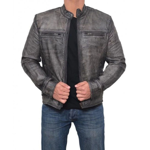 แจ็คเก็ตหนังแท้สีเทาเข้มสำหรับผู้ชายแจ็คเก็ตปกแบบมีซิปมีแถบซิปด้านหน้าทรงเข้ารูปสำหรับนักขี่จักรยานคลาสสิก - Product Image 4
