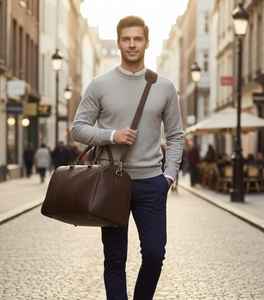 <b>Mens</b> Genuine <b>Leather</b> Luxury Foldable Duffle <b>Bag</b> <b>Brown</b> Weekender Travel Overnight Luggage Gym Sports Tote Carry on Large Vintage - Product Image 6