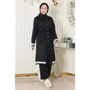 Ensemble côtelé noir à col rond et capuche, pull en polyester tissé, pantalon évasé, haut long, pantalon mi-long, style décontracté et tendance, automne - Product Image 1