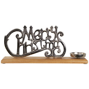 Silver Merry Christmas Metal Letters with <b>Tealight</b> on Wood Base For Home Christmas Decoration & Gifting - Product Image 1