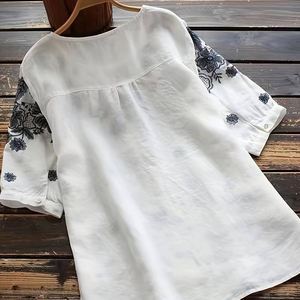 Top de algodón con estampado Floral de alta calidad para mujer, camisa informal de cuello redondo de Color sólido con logotipo frontal, diseño a cuadros transpirable - Product Image 2