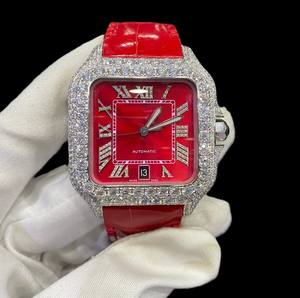 Relojes de Lujo Mecánicos de Acero Inoxidable para Hombre con Movimiento MiYOTA, Cristal de Zafiro, Correa de Goma Roja y Esfera Roja con Moissanita VVS - Product Image 2