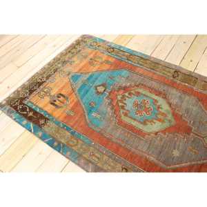 Alfombra Turca Vintage de 3.9x7 pies, Ecológica, Tradicional, con Parches, Base de Látex, Color Naranja y Azul Degradado, de Lana - Product Image 4