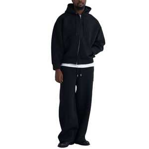 Conjunto de Sudadera con Capucha y Pantalones Deportivos Casuales de Dos Piezas, Cierre Completo, Negro, Poliéster/Algodón, Grueso, Pantalones Deportivos Anchos con Pierna Acampanada, Traje Deportivo Personalizado - Product Image 4