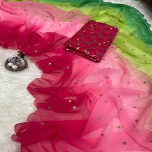 VASTRA COTTAGE Elegante Sari de Fiesta de Georgette Pura con Bordado de Lentejuelas, Hermoso Borde Arcoíso y Blusa con Detalles en Contraste - Product Image 1