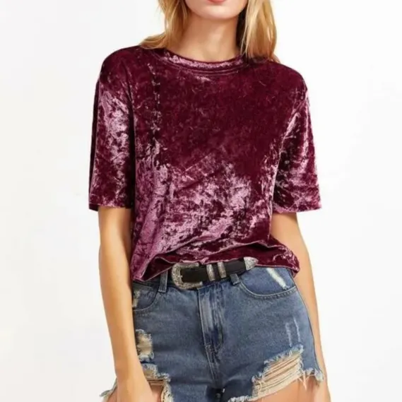 ドロップショルダークロップトップマルーンカラーベロアTシャツ女性半袖通気性卸売ベルベットTシャツ女の子用通気性