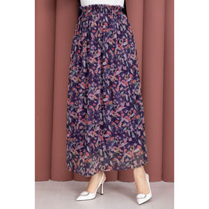Navy Blue Floral Patterned <b>Elastic</b> Waist Chiffon Tulle <b>Skirt</b> with Soft Print Decoration - Product Image 2