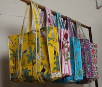 Sac fourre-tout réutilisable en coton léger imprimé à la main, style bohème multicolore, avec poignées en corde de coton, pour femme, écologique, usage quotidien