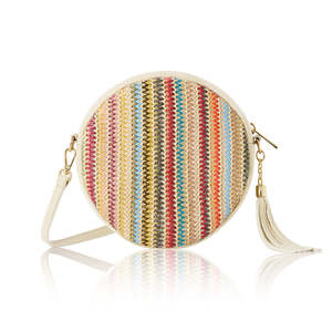 Sac bandoulière rond en cuir véritable italien et raphia-PS650 - Product Image 1