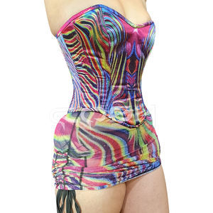 Sublimated Satin Corset And Mesh <b>Mini</b> <b>Skirt</b> With Drawstring | Polyester Satin Corset See Through Mesh Breathable Matching Set - Product Image 1