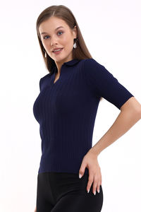 Blusa de punto con cuello Polo para mujer, camiseta de manga corta elástica elegante y cómoda de verano transpirable, servicio OEM personalizado - Product Image 4