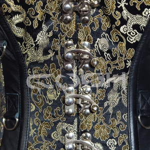 บัสติเยร์ผ้าไหมลายมังกรสีดำและสีทองคุณภาพสูง พร้อมแผงด้านข้างหนังพรีเมียมและฮาร์ดแวร์สีเงิน - Product Image 4