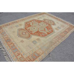 Tapis Turc Vintage Classique Orange Beige 6.8 X 9.3ft Fait à la Main Patchwork Design Laine Matériau Latex Support pour Adolescent Salon - Product Image 2