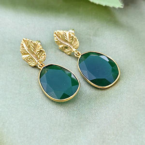 Pendientes de Moda con Ónice Verde Tallado en Facetas, Engaste de Bisel en Forma de Huevo, Latón Chapado en Oro de 18k, Diseño de Hoja - Product Image 6