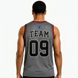 Maillot de basket-ball gris personnalisé pour hommes, col en v, sans manches, impression sublimée, nom numéro 09, coupe régulière, évacuation de l'humidité, 100% - Product Image 2