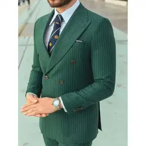 出口质量最新设计男士绿色两件套条纹修身优雅正式时尚套装新郎婚礼派对套装