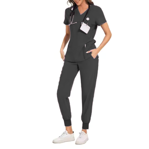 Top de manga corta con cuello en V para mujer y pantalones Jogger, conjunto de exfoliación médica con bolsillos para médicos, elástico y transpirable - Product Image 4
