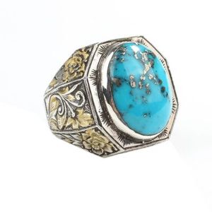 Anillo de Plata de Ley 925 para Hombre, Hecho a Mano, con Piedra de Turquesa Genuina, Diseño de Pluma, Bañado en Rodio, Joyería para Uso Diario - Product Image 1