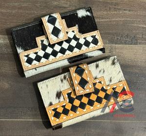Vente en gros Portefeuille en cuir de vache usiné à la main de grande capacité Porte-cartes en cuir à carreaux véritable pour femmes Longue pochette à deux volets - Product Image 1