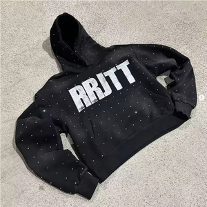 Street Wear Style Vintage Distressed Broderie Full Rines Stone Pull Over Hoodies Surdimensionné Hommes - Product Image 1
