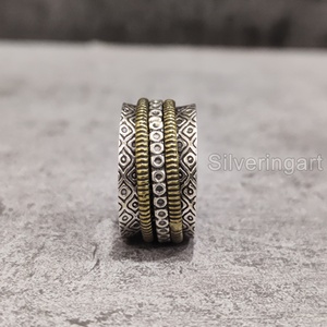 Checker Spinner Band Anillo de meditación Plata de Ley 925 Anillo de pulgar para mujer Fidget Joyería hecha a mano Anillo giratorio unisex oriental - Product Image 3
