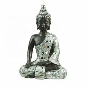 Thailand Resin Religious Crafts Items Buddhist Meditation Figurine Sitting Silver Buddha Statue for Home Decor