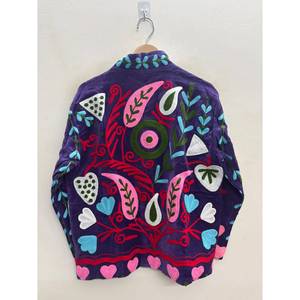 Suzani Hand-Embroidered <b>Velvet</b> Jacket-Deep <b>Purple</b> with Rose Pink & Turquoise Motifs by Zafira Bloom - Product Image 1