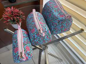 Set of 3 Indian Cotton Floral Print Toiletry Bags Quilted Wash Bag Shaving <b>Kit</b> Vanity Case Travel and <b>Makeup</b> Pouches - Product Image 4