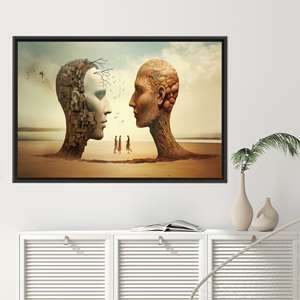 Grande toile imprimée avec des têtes surréalistes - Décoration bohème moderne, 1P : encadré noir - Product Image 1