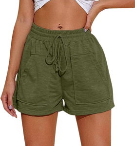 Shorts décontractés pour femmes, 100% coton, tissu tricoté respirant, taille haute, cordon de serrage, séchage rapide, anti-froissement, poches en dentelle - Product Image 1