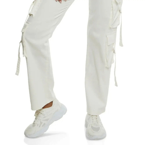 กางเกงคาร์โก้ด้านหน้าแบนเอวยางยืดสำหรับผู้หญิงกางเกงขากว้างคุณภาพสูงมีกระเป๋าหลายกระเป๋า - Product Image 5