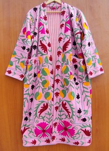 Kimono de Algodón Bordado con Flores Rosas, Talla Grande, Estilo Bohemio, Largo hasta el Suelo, Cuello en V, Manga Larga, Corte Holgado, Bordado a Mano para Mujer - Product Image 3