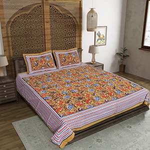 Jaipuri Print Double Bedsheet with 2 Pillow Covers 100% Cotton Yellow 240 TC <b>King</b> <b>Size</b> for Home Use 3-Piece Set (ADB1383) - Product Image 1