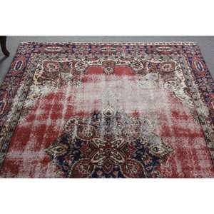 Tapis en laine rouge beige vintage de 6x9.5 pieds, fait à la main, grande zone turque, patchwork abstrait couloir 10mm couloirs en latex - Product Image 5