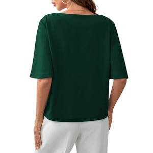 Blusa informal holgada de manga media para mujer, camisa de punto suave con cuello redondo de color liso, blusa de moda para el día a día, para primavera y verano - Product Image 2