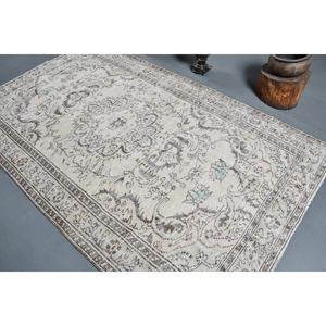 พรมขนแกะสีเบจแบบตุรกีโบราณ5.3 x 8.8ft แฮนด์เมดลวดลายโถงทางเดินเย็บปะติดแบบแอบสแตรกสำหรับทางเข้าบ้านอื่นมีช่องว่างด้านหลังเป็นยาง - Product Image 4