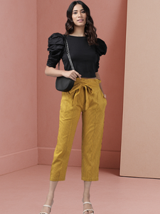 Comfortable Womens Mustard Cotton Flex Stripe Printed <b>Trouser</b> Pants Designed In Regular Fit For Casual Office <b>Travel</b> Daily Wear - Product Image 2